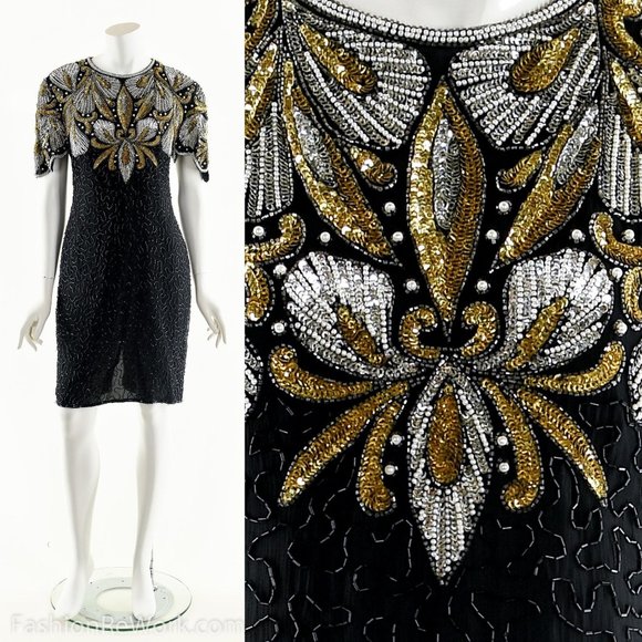 Beaded Silk Dress,Sequin Silk Dress,Heavily Beaded Black Dress,Ornate Baroque Dr - Picture 2 of 10